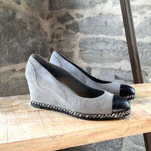 Chanel Grey Suede Chain-Link Accent Wedge Pump